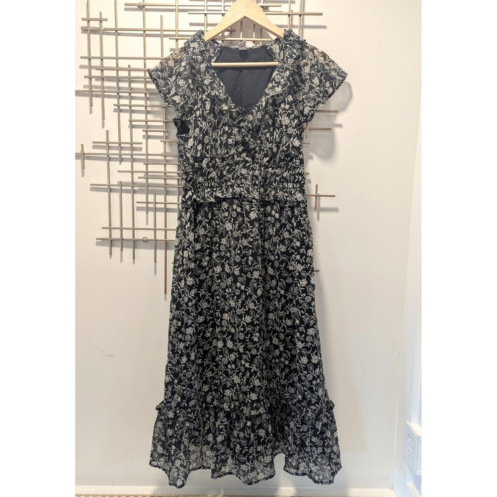 Old Navy Midi Dress Black Floral Smocked Ruffle Med V-Neck Cottagecore Feminine - Picture 1 of 9